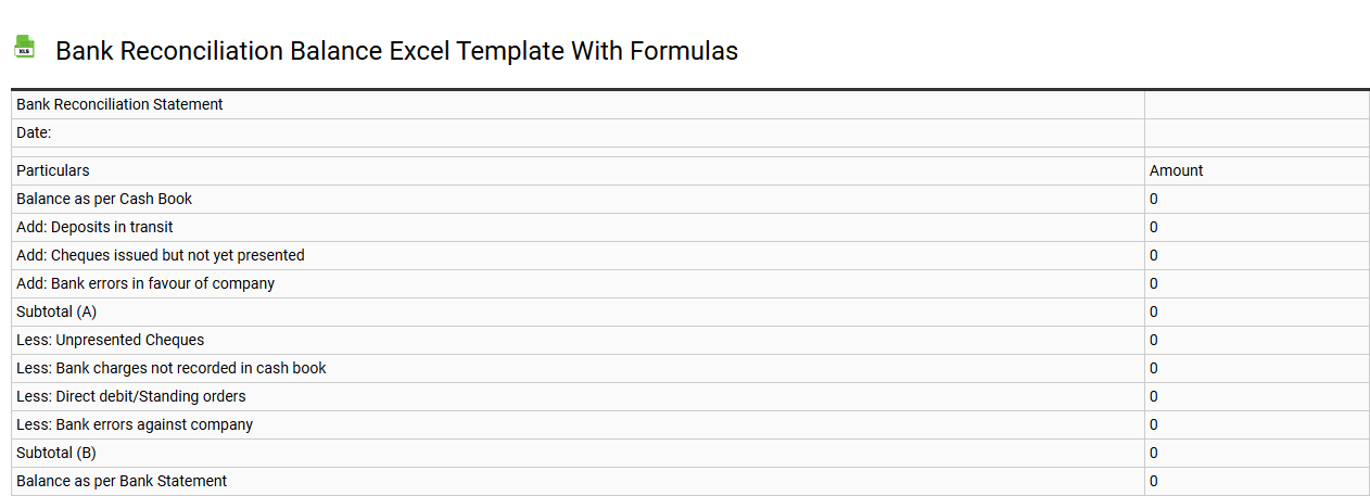 Bank reconciliation balance Excel template with formulas