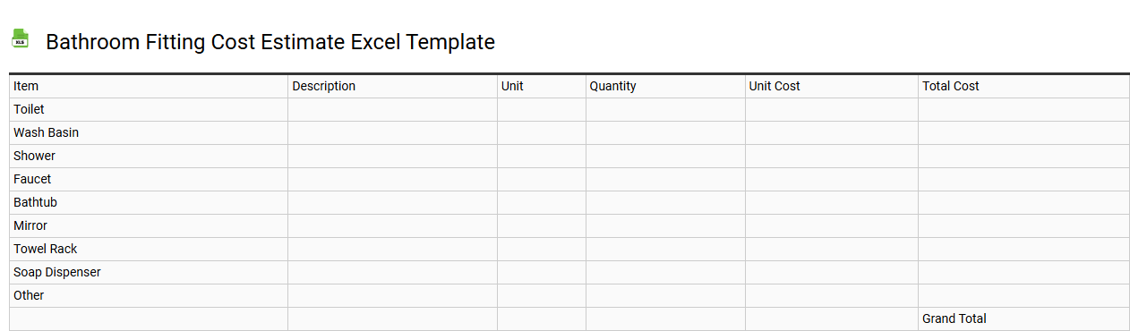Bathroom fitting cost estimate Excel template