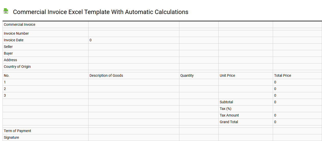 Commercial invoice Excel template with automatic calculations