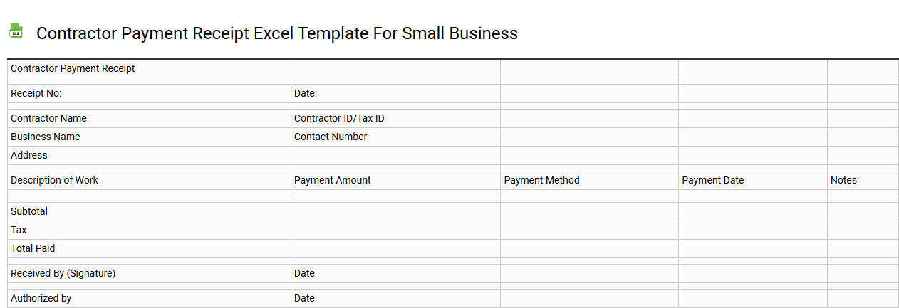 Contractor payment receipt Excel template for small business