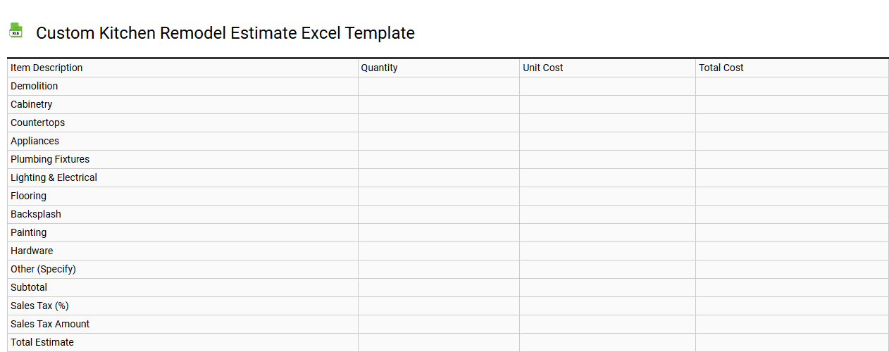 Custom kitchen remodel estimate Excel template