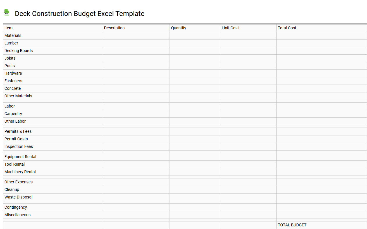 Deck construction budget Excel template