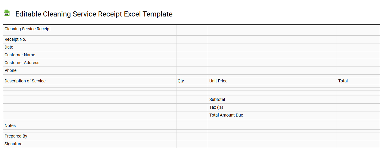 Editable cleaning service receipt Excel template
