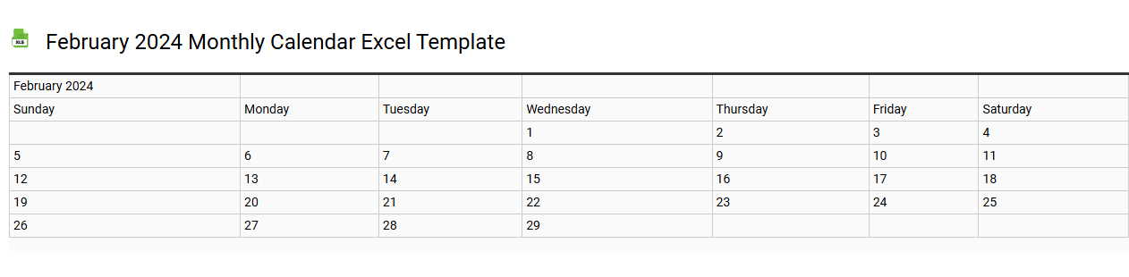 February 2024 monthly calendar Excel template