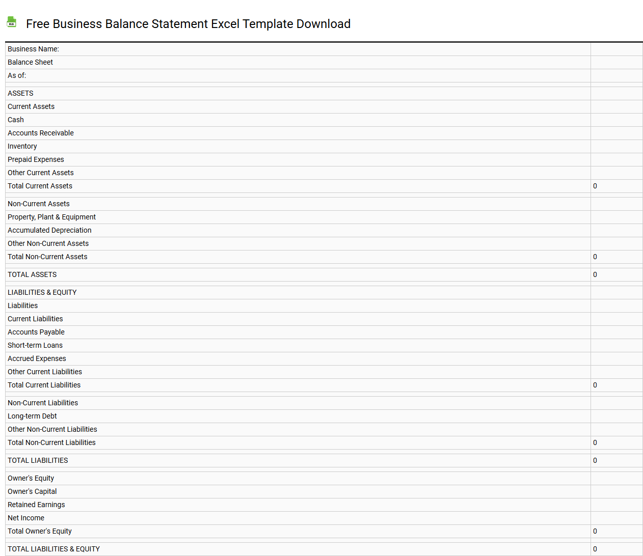 Free business balance statement Excel template download
