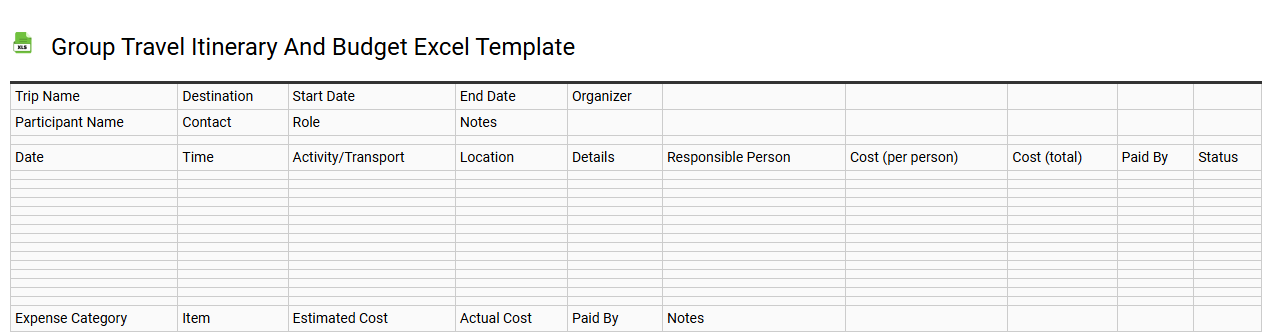 Group travel itinerary and budget Excel template