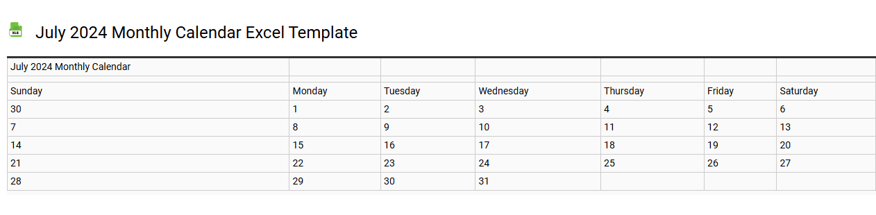 July 2024 monthly calendar Excel template