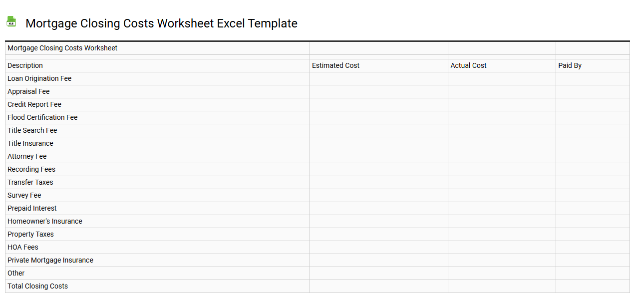Mortgage closing costs worksheet Excel template