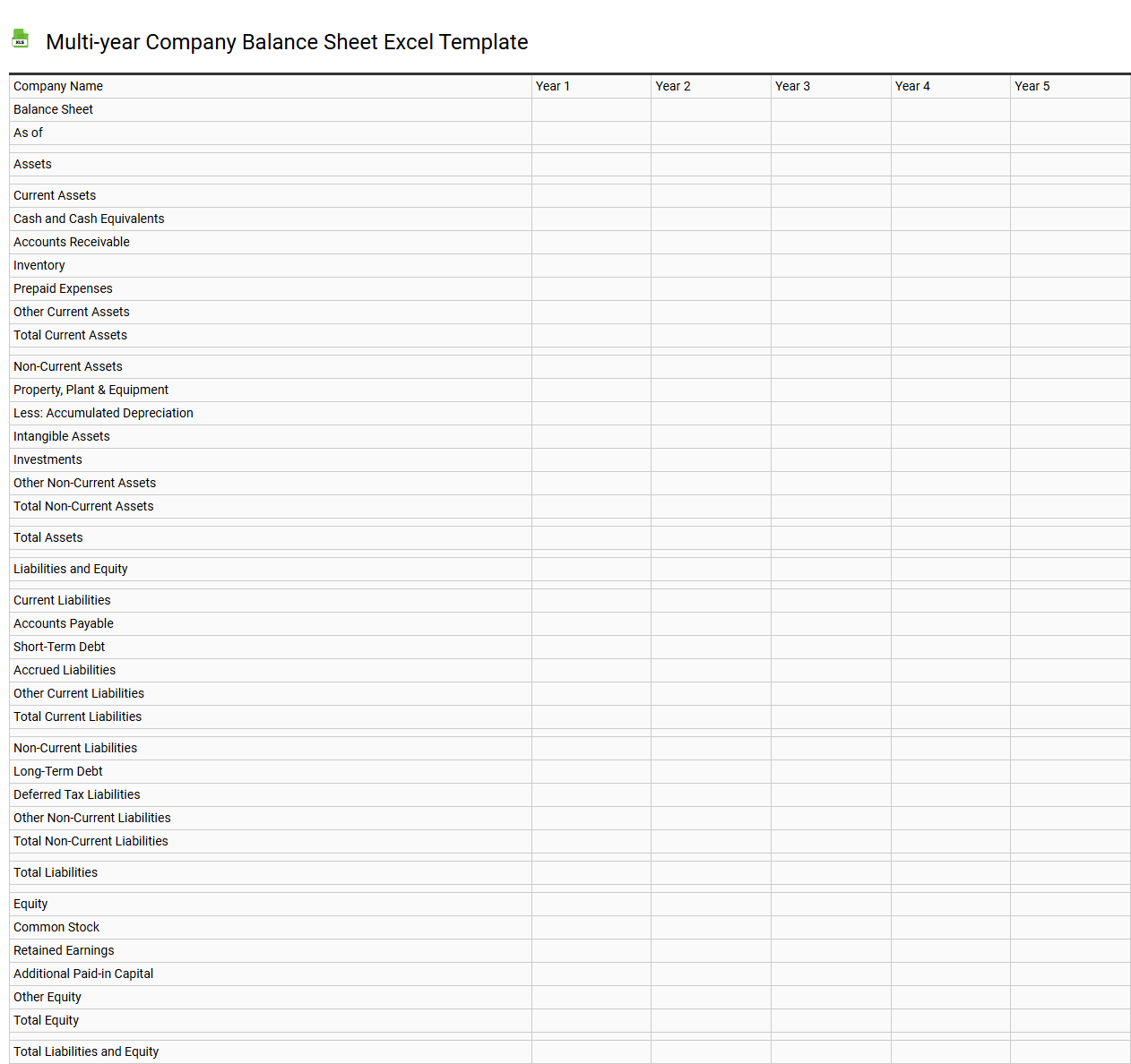 Multi-year company balance sheet Excel template
