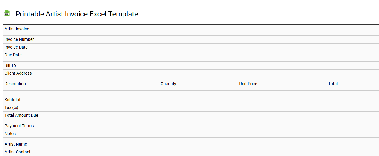 Printable artist invoice Excel template