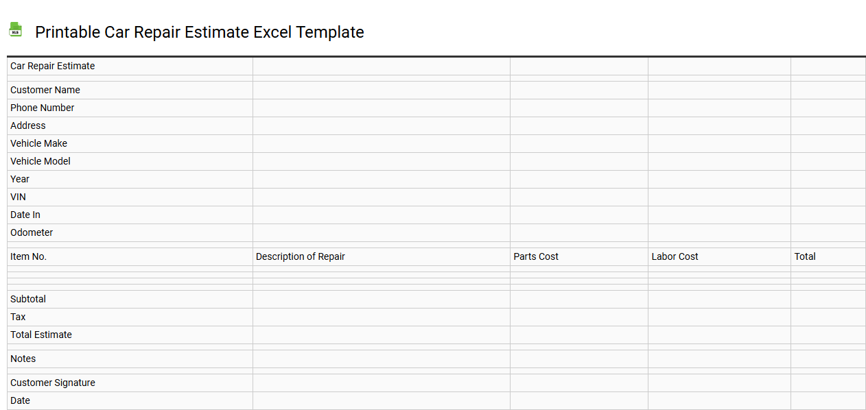 Printable Car repair estimate Excel template