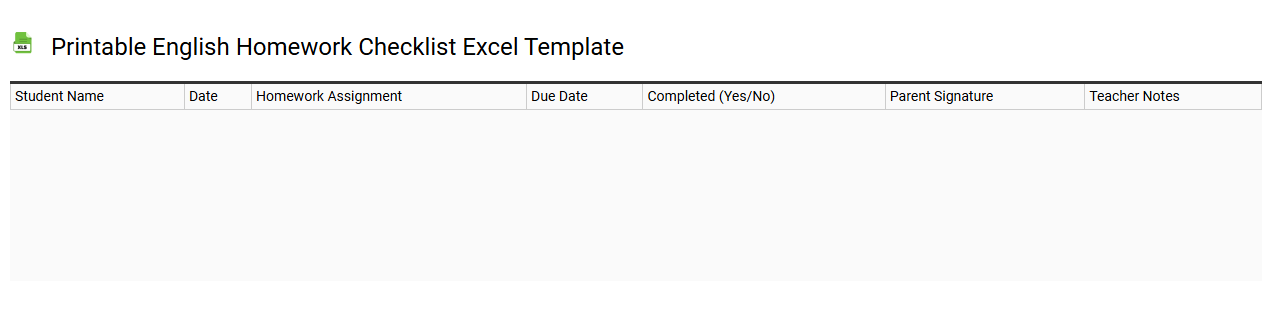 Printable English homework checklist Excel template