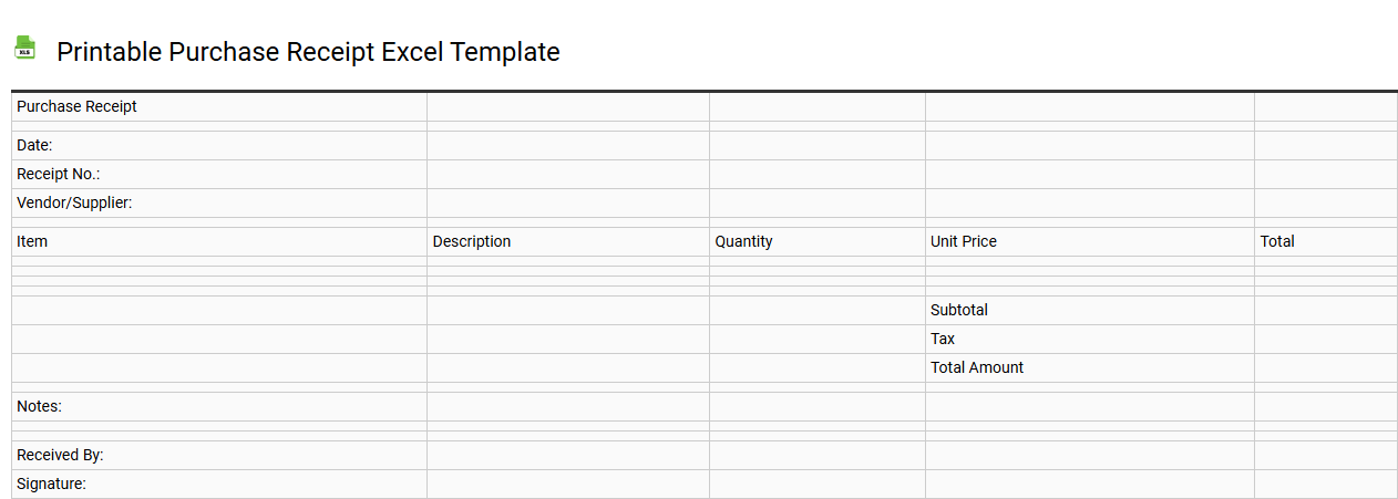 Printable purchase receipt Excel template