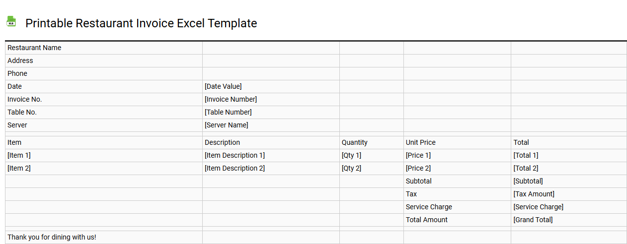 Printable restaurant invoice Excel template