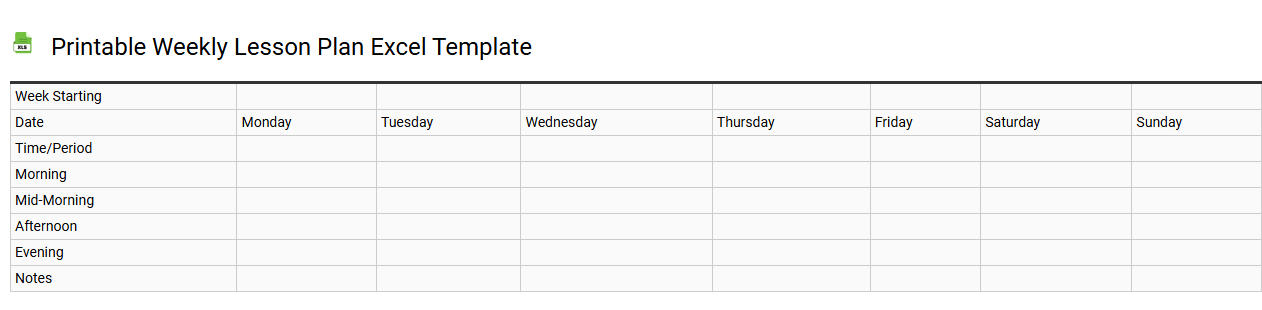 Printable weekly lesson plan Excel template