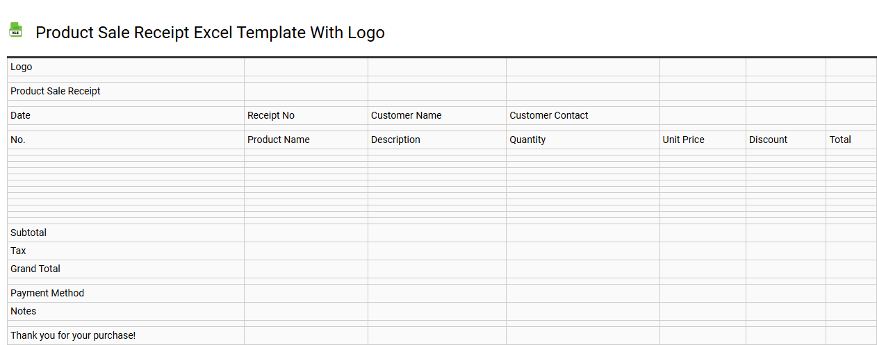 Product sale receipt Excel template with logo