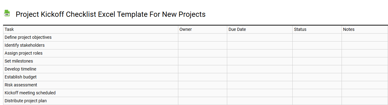 Project kickoff checklist Excel template for new projects