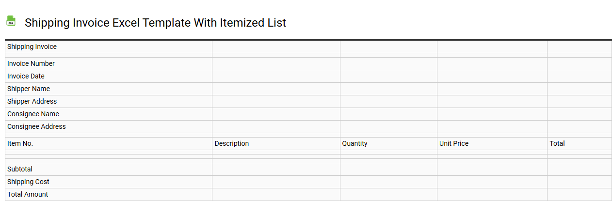 Shipping invoice Excel template with itemized list