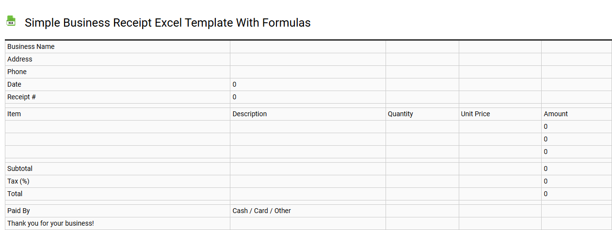 Simple business receipt Excel template with formulas