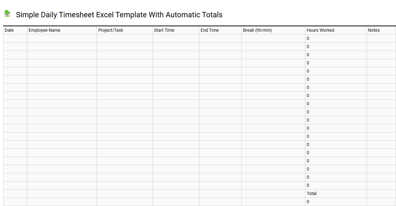Simple daily timesheet Excel template with automatic totals