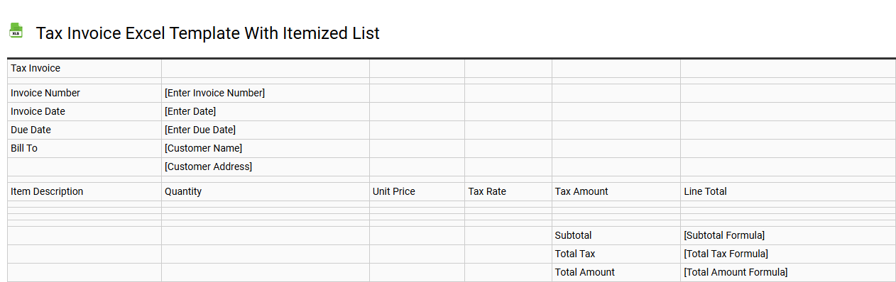 Tax invoice Excel template with itemized list