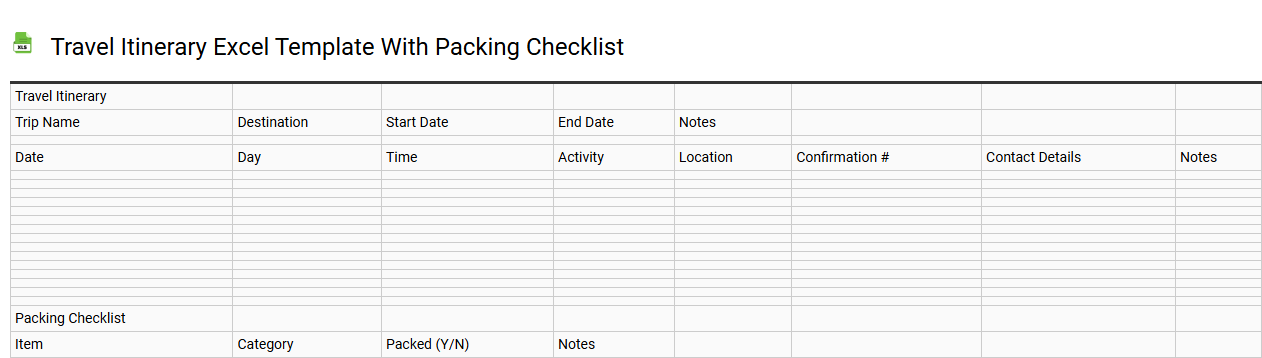 Travel itinerary Excel template with packing checklist