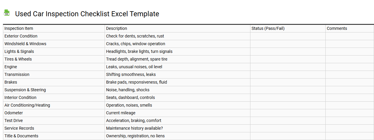 Used car inspection checklist Excel template