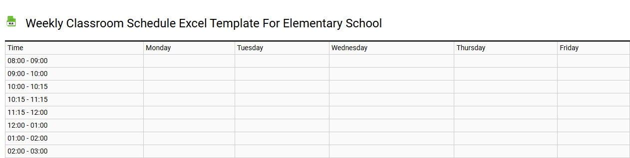 Weekly classroom schedule Excel template for elementary school