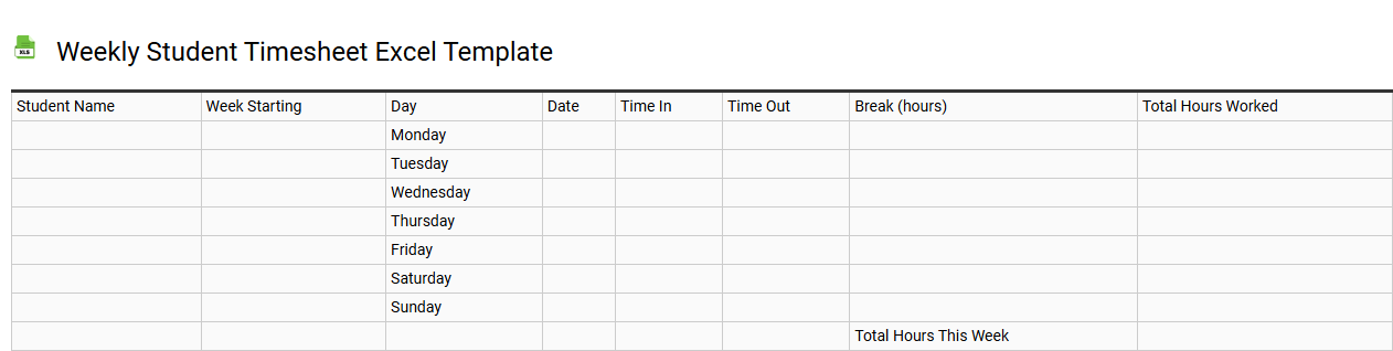 Weekly student timesheet Excel template