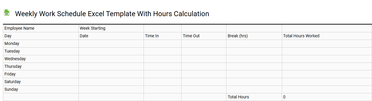 Weekly work schedule Excel template with hours calculation