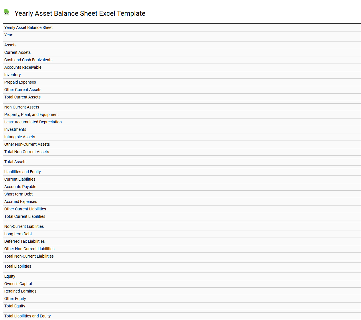 Yearly asset balance sheet Excel template