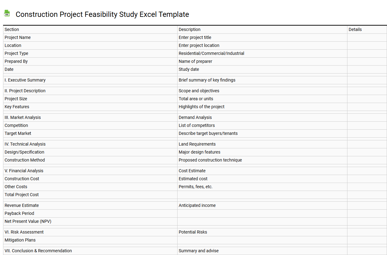 Construction project feasibility study Excel template