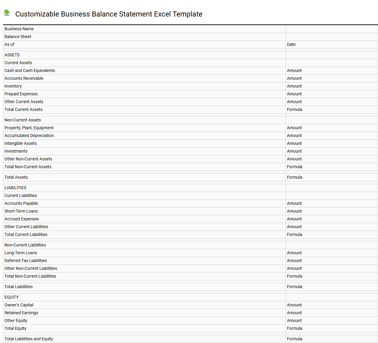 Customizable business balance statement Excel template