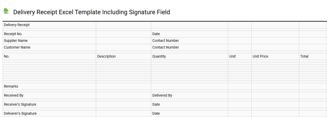 Delivery receipt Excel template including signature field