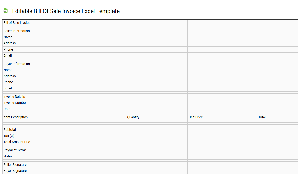 Editable bill of sale invoice Excel template