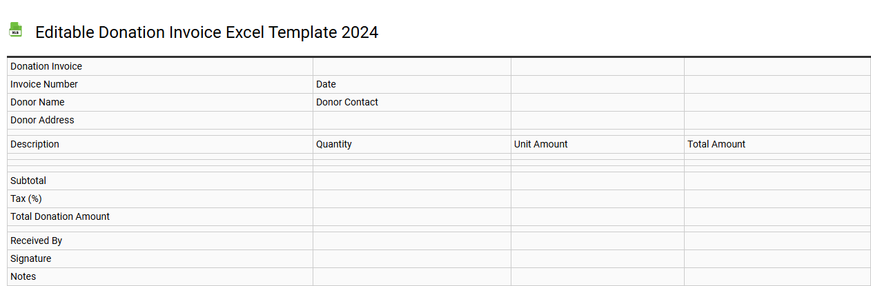 Editable donation invoice Excel template 2024