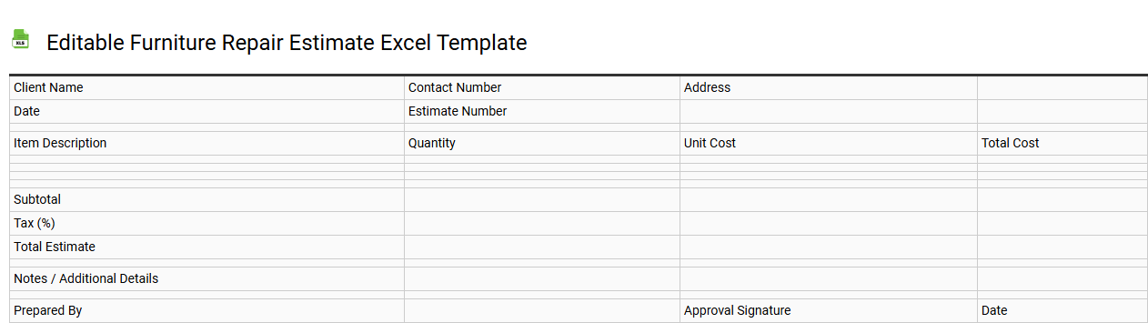 Editable furniture repair estimate Excel template