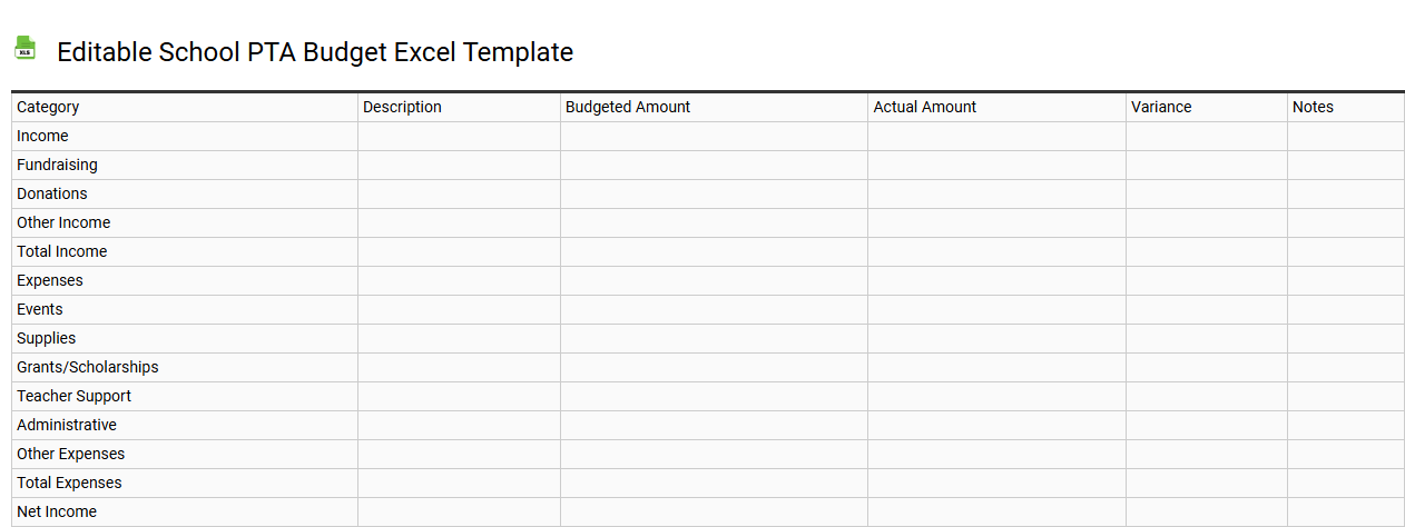 Editable school PTA budget Excel template