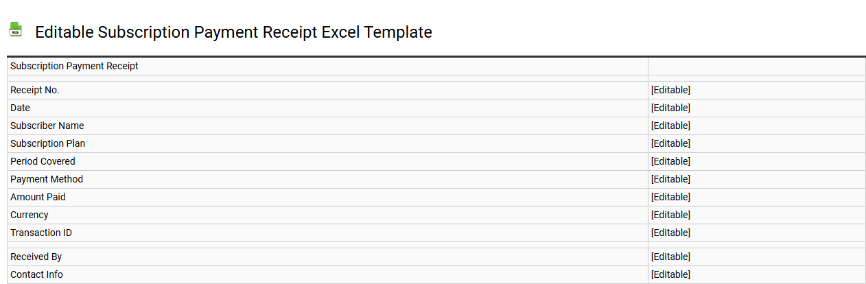 Editable subscription payment receipt Excel template
