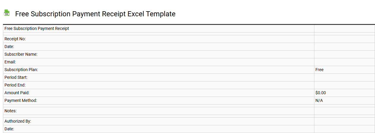 Free subscription payment receipt Excel template