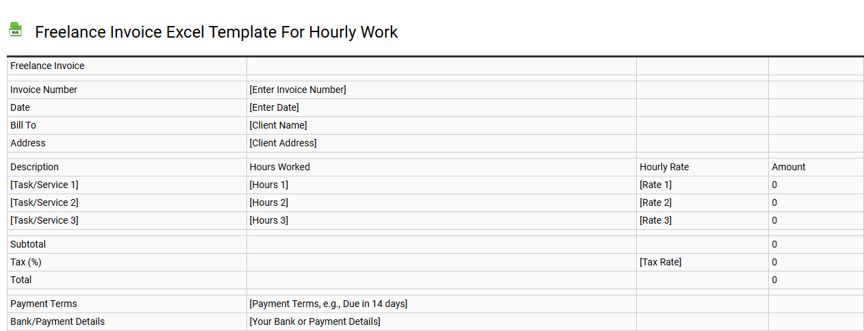 Freelance invoice Excel template for hourly work