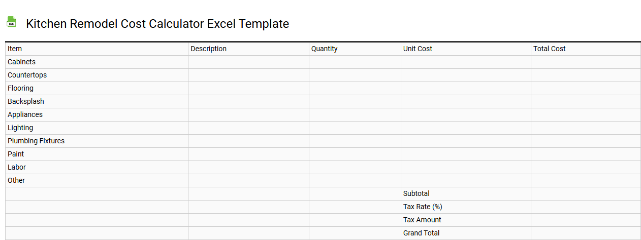 Kitchen remodel cost calculator Excel template
