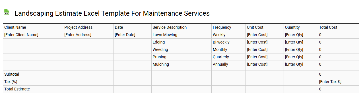 Landscaping estimate Excel template for maintenance services