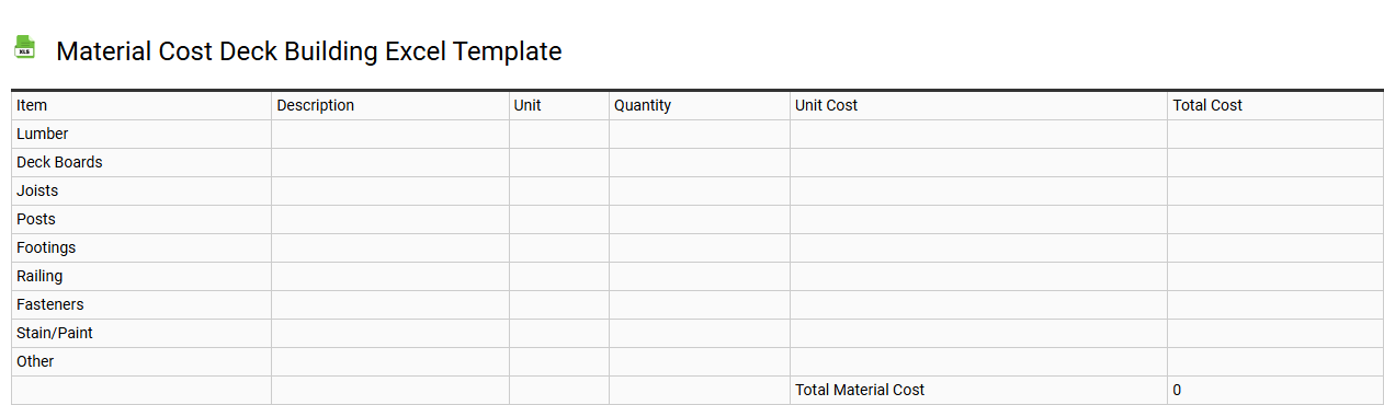 Material cost deck building Excel template