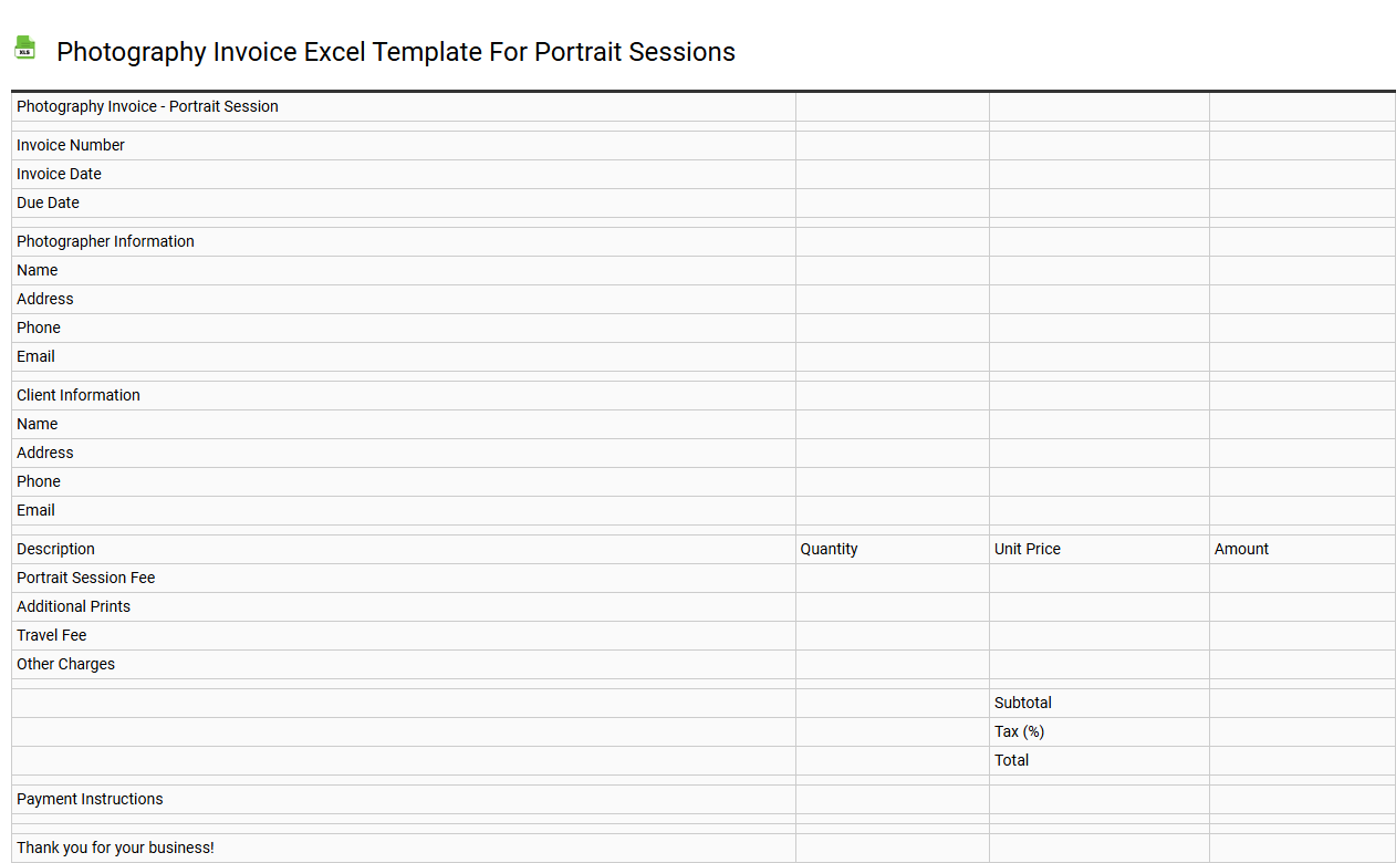 Photography invoice Excel template for portrait sessions