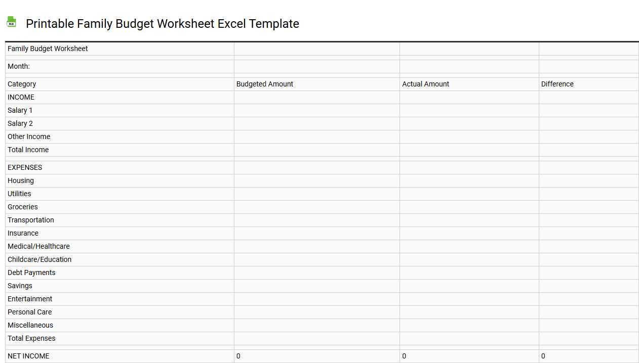 Printable family budget worksheet Excel template