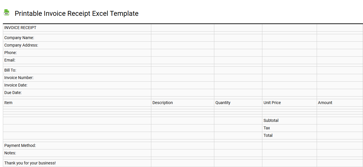 Printable invoice receipt Excel template