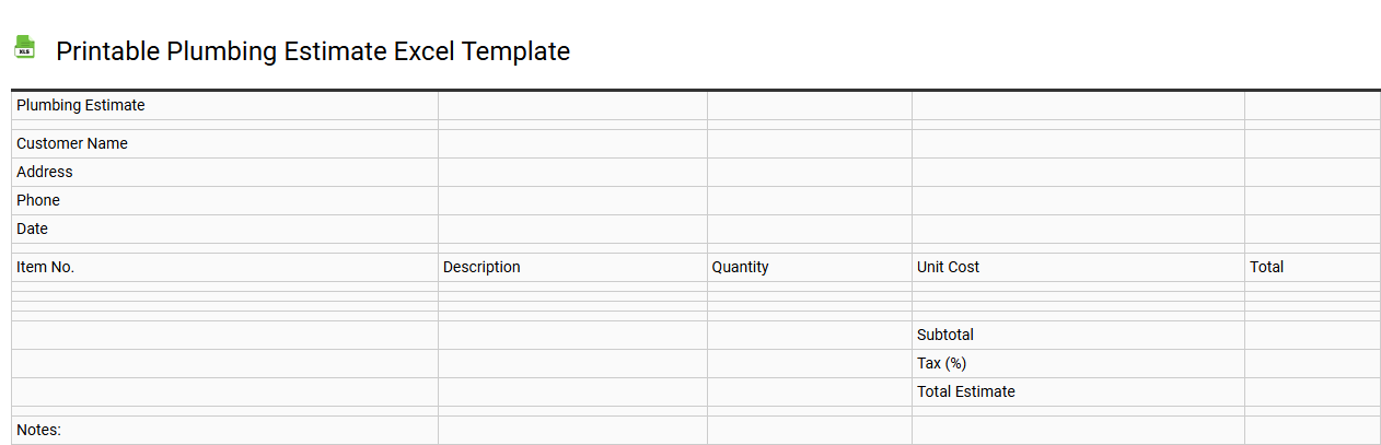 Printable plumbing estimate Excel template