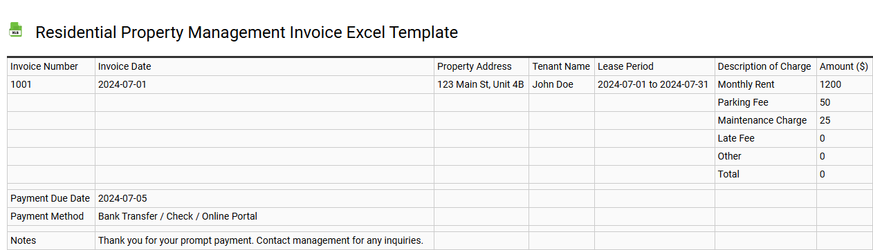 Residential property management invoice Excel template