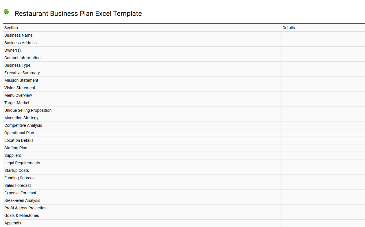 Restaurant business plan Excel template
